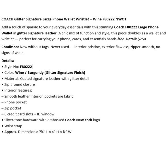 COACH Glitter Signature Large Phone Wallet Wristlet – Wine F80222 NWOT - Picture 2 of 4